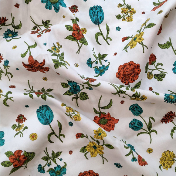 Vintage Mid-Century Floral Fabric, Day Lilies Tulips Mums, Blue Orange Yellow - Picture 9 of 10